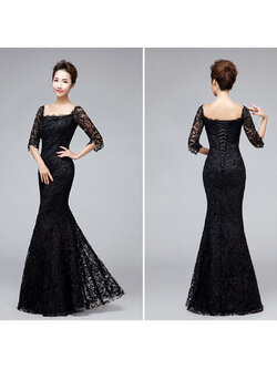 kudapy ชุดราตรียาวสีดำ ทรงหางปลา ลูกไม้ทัั้งตัว เปิดไหล่ แขนสามส่วน (เชือกผูกหลัง)