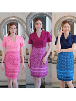 kudapy เดรสสั้นสีชมพู/สีกรม/สีม่วง คอปกสูทลายไทยใส่ออกงานวยดูดีมากๆ