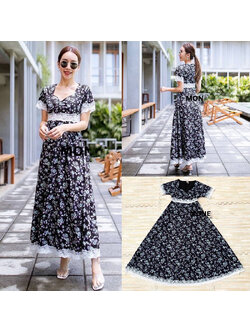 kudapy เดรสยาวสีดำ ตัวยาว พิมพ์ลายดอกไม้ รุ่นนี้เป็น ผ้าพริ้ว ใส่ได้ทุกโอกาสจริงๆ ช่วงอกแต่งกุ้นลายลุกไม้สีขาว