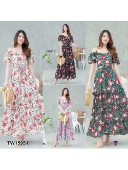 kudapy แม็กซี่เดรสสีขาว ดำ เขียว เทา สายเดี่ยวเว้าไหล่ แขนระบายชั้น ผ้าชีฟองลายดอกไม้ มีซับใน เนื้อผ้าทิ้งตัวสวย