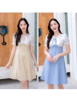 kudapy เดรสสั้นสีฟ้า/สีน้ำตาล เสื้อลูกไม้กระโปรงผ้าพื้น