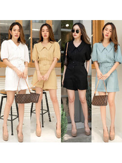 kudapyจั๊มสูทขาสั้นสีเหลือง/ฟ้า/ดำ/ขาว ดีไซน์น่ารักมากๆ เลยค่ะ รุ่นนี้ ดีไซน์ตีเกร็ดหน้า