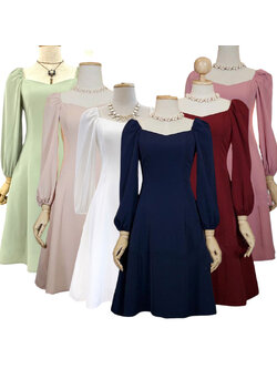 kudapy เดรสสั้นสีขาว/ชมพูเข้ม ครีมนู้ด แดงเบอร์กันดี กรมท่า เขียวอมเทา แขนยาว ทรงเรียบร้อย ใส่ได้หลายโอกาส พรางแขน พรางสะโพก