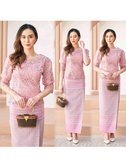 kudapy เซ็ทเสื้อลูกไม้ใยบวบสีม่วงชมพู ดอกลอยเกรดพรีเมี่ยม+ผ้าถุงเป็นผ้าไหมแพรวากาฬสินทร์สำเร็จรูปอัดกาวอย่างดี