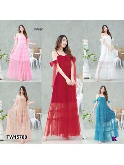 kudapy แม็กซี่เดรสสายสีชมพู น้ำตาล เขียว แดง เดี่ยวตาข่ายทั้งชุด มีซับใน มีสม็อคหลัง ดีแขนแขน 2 ข้าง ผูกโบว์ สีพื้น