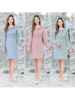 kudapy เดรสสั้นคอกลมสีฟ้า/สีชมพู/สีเขียว ใส่ทำงานแขนยาวคอระบายผูกโบว์กลางอก