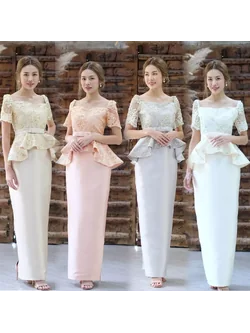 kudapy เซตไปงานแต่ง เสื้อ+กระโปรงไหมอิตาลี สีครีมทอง สีเทา สีชมพู งานตัดเย็บอย่างดี สีสวยมาก ใส่ได้ทุกงานจร้า