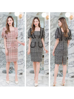 kudapy เดรสสั้นสีดำ/สีชมพู ลายสก็อตระบายช่วงไหล่แขนจั๊ม