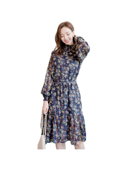 kudapy เดรสสั้นกรม ผ้าชีฟองลายดอก คอเต่า มีซับใน จั้มปลายแขน ช่วงชายกระโปรงแต่งระบาย