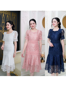 kudapy เดรสลูกไม้ระบายแขนจั้ม ตัดต่อแต่งลูกไม่ถักทั้งตัวเพิ่มลูกเล่นความสวย