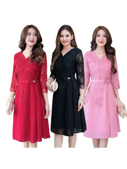 kudapy เดรสสั้นสีชมพู/สีดำ/สีแดง/สีม่วง ลูกไม้ปักเกรดพรีเมี่ยมสวยหรูตกแต่งเลื่อมทั้งตัว ช่วงกระโปรงเป็นผ้า chiffon