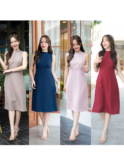 kudapy เดรสสั้นสีโอวัลติน/สีกรม/สีชมพู/สีแดง ช่วงเสื้อเป็นแขนกุดคอปีน สายผูกคอเป็นโบว์ด้านหลังต่อด้วยกะโปรงทรงเอพริ้วๆ ช่วงเอวจับจีบเล็กๆ