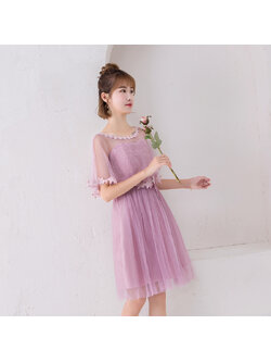 kudapy เดรสราตรีสั้นสีชมพู,ม่วง ออกงานเกาะอก + ผ้าคลุมซีทรู