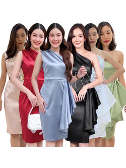 kudapy เดรสสั้นไหล่เฉียงข้าง เดรสไหล่เดี่ยว แต่งเลเยอร์ สีฟ้าเทา,สีแดง,สีเขียวมิ้นท์,สีทอง,สีขาว,สีดำ เดรสผ้าดัชเชสอัดกาวบ่าเดี่ยวจีบสะโพก
