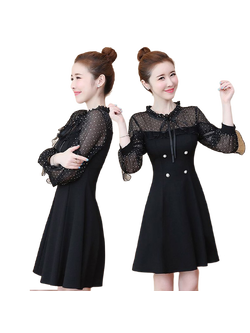 kudapy เดรสสั้นสีดำแขนยาวพิมพ์ลายจุด ช่วงบนแขนชีฟอง คอตั้ง ทรงเข้ารูปช่วงเอว มีวับใน ซอบหลังอย่างดีนะคะ