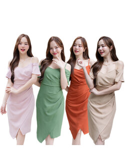 kudapy เดรสสั้นสีชมพู/สีเขียวสีครีมเบจ/สีส้ม ดีเทลจับจีบเดรปด้านข้างช่วงอกและเอว เปิดโชว์ช่วงไหล่ เดรสงานปาร์ตี้