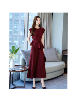 kudapy ชุดเซ็ทเสื้อและกางเกงยาวสีไวน์แดง ผ้าโพลีเอสเตอร์ผสม เสื้อไหล่บ่าล้ำ XL