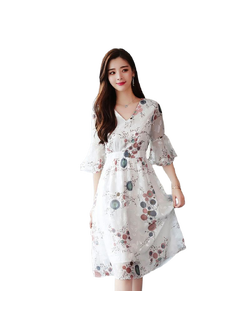 kudapy เดรสสั้นผ้าชีฟองสีขาวพิมพ์ลายกราฟฟิก คอวี แขนกระดิ่งแต่งระบาย