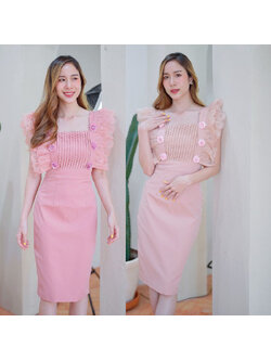 kudapy เดรสสั้นสีน้ำตาล/สีชมพู คอเหลี่ยมแขนระบายลูกไม้