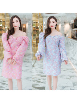 kudapy เดรสสั้นสีชมพู,ฟ้า แขนยาวดอกนูนสวยดูดีใส่แล้วคุณหนูมากๆ