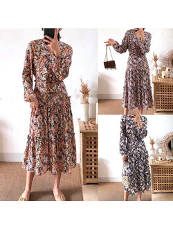 kudapy ชุด Set ผ้าชีฟองลายดอกสีม่วง/สีชมพู/สีฟ้า เนื้อผ้าอย่างดี เดรสยาวคอวี เก็บเอวสวยงานดีมาก ใส่สบายสุดๆ