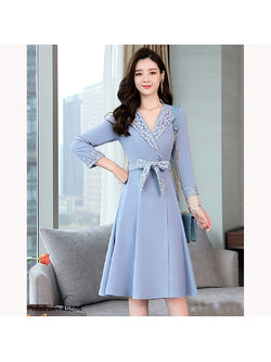 kudapy เดรสสั้นสีฟ้า/สีชมพู คอปก แขนยาว กระโปรงคลุมเข่า แนวเรียบร้อย สวยใส่ดูดี ใส่ทำงานได้