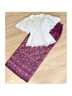 kudapy เสื้อลูกไม้สีขาว สีชมพู เซตเสื้อ+ผ้าถุงทอลายสีชมพู และสีแดง ลูกไม้ใยบวบปักเลื่อมเกรดพรีเมี่ยม แขนระบาย