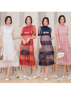 kudapy เดรสยาวสีแดง/สีกรม/สีชมพู/สีขาว ลูกไม้ตาข่ายสีสด ใส่สบายสวยดูดี