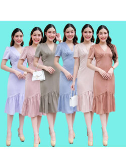 kudapy เดรสแขนสั้นสีชมพู/สีครีม/สีน้ำตาล/สีฟ้า/สีเขียวขี้ม้า/สีม่วง เอวสูง ตีเกร็ดเอว กระโปรงฟรีสะโพก ปลายหางปลา