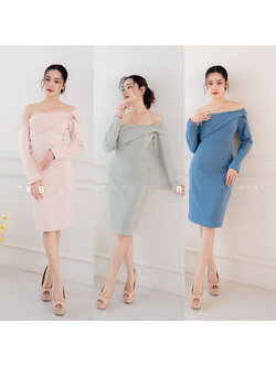 kudapy เดรสสั้นสีเทาอมเขียว , ฟ้าเข้ม , ชมพู ปาดไหล่ ดีเทลแต่งแขนยาว ให้ลุคไฮโซสุดด ขอบอกว่าสวยทุกสี ใส่แล้วขับผิวเว่อ