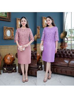 kudapy เดรสสั้นสีม่วง/สีกะปิ ผ้าไหมดีไซน์แขนศอก ลูกไม้ด้านบนเย็บคลุมเป็นเสื้อแต่เป็นเดรสชิ้นเดียว