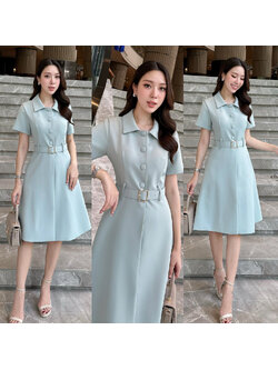 kudapy เดรสสั้นสีเขียวพาสเทล ปกสูทกระดุมหน้า โดดเด่นมีสไตล์ด้วยกระดุมปั้มเม็ดใหญ่ มีซับในให้ทั้งชุดเป็นผ้าซาติน