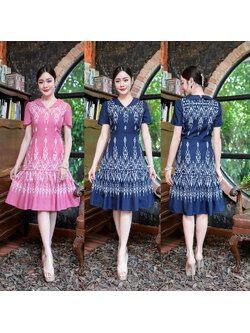 kudapy เดรสสั้นสีชมพู/สีกรม ลายไทย งานผ้าพิมพ์ ลายสวยดีไซน์น่ารัก แต่งคอปกแต่งกระดุมด้านหน้า ชายกระโปรงระบาย