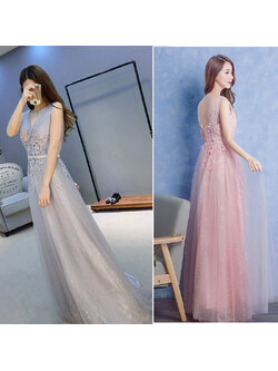 kudapy ชุดราตรียาวสีชมพู/เทา แขนกุด แต่งลายลูกไม้ ผ้าตาข่าย ข้างในปักเลื่อมสวย