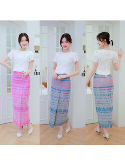 kudapy ชุดเซ็ทเสื้อผ้าไหมแต่งจีบตรวหัวไหล่ดูดี ผ้าถุงลายไทยสวยดูดีน่ารัก