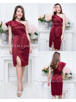 kudapy ชุดราตรีสั้นไหล่เฉียง บ่าเดี่ยวแต่งระบาย สีน้ำเงินสด,เลือดหมู สีเทาอ่อน ผ้าซาร่าคลุมไหล่