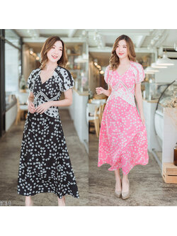 kudapy เดรสยาวสีชมพู/สีดำ ลายจุดแขนบาร์บี้คอเหลี่ยมใส่สบายสวยดูดี