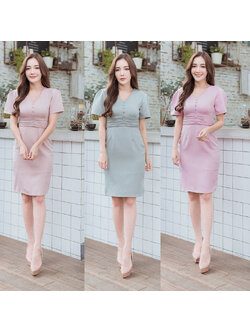 kudapy เดรสสั้นสีชมู,เขียว,ม่วง สวยดูดี ใส่ทำงาน ตีเกล็ดเอวแต่งกระดุมน่ารักๆ