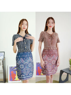 kudapy เดรสสั้นสีกรม/สีน้ำตาลลายไทยแต่งเอว ใส่ทำงานสวยดูดีน่ารัก