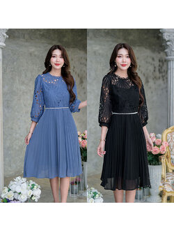 kudapy เดรสสั้นคอปีน แขนพองสีดำ/สีฟ้าคราม เดรสระบาย แต่งลูกปัดเพิ่มดีเทลที่เอว แขนสามส่วน งานมีซับใน ซิบหลัง