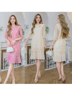 kudapy เดรสสั้นสีชมพูกะปิ /สีครีม ลูกไม้เกรดพรีเมี่ยม มีซับในและชิปซ่อนหลังกระโปรงแต่งอัดพลีทระบาย