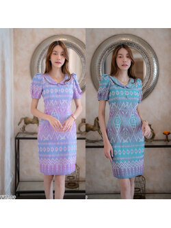 kudapy เดรสสั้นสีม่วง/สีเขียว ผ้าไทยทรงสอบคอบัว ลายไทยสวยดูดี ใส่ออกงานดูมีเสน่ห์