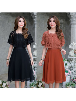 kudapy เดรสสั้นสีน้ำตาลอิฐ/สีดำ ลูกไม้ดีไซน์แขนปีกคลุมไหล่ทรงต่อเอว กระโปรงเป็นงานผ้าชิฟฟ่อนทรงบานสวยพริ้ว