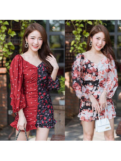 kudapy เดรส two tone เย็บย่นด้วยยางยืดชนิดอย่างดี เย็บคู่กับซิปแบบซ่อนที่ด้านหลัง แขนพอง