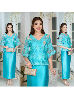 kudapy ชุดเซทสีเขียวน้ำทะเล ผ้าไหมญี่ปุ่นเนื้อหนา เสื้อคอวีแต่งลูกไม้เนื้อนิ่ม แขนระบาย เย็บไล่ความยาวให้ทรงแขนเสื้อเก๋