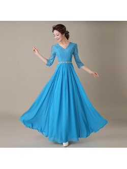 kudapy ชุดราตรียาวสีฟ้า ไซส์ใหญ่ แขนสามส่วน แต่งลูกไม้ กระโปรงผ้าชีฟอง เอวแต่งเพชร