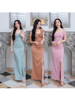 kudapy เดรสยาวสีน้ำตาลคาราเมล/สีเขียวพาสเทล/สีชมพู ไกล่แต่งผ้าซีทรู กระโปรงผ่าหน้า เดรสยาวออกงาน
