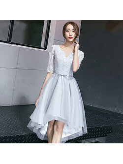 kudapy ชุดราตรีหน้าสั้นหลังยาวสีเทา คอวี แขนสองส่วน กระโปรงทรงบาน