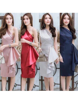 kudapy ชุดราตรีสั้นไหล่เฉียงจับจีบเอวแต่งระบายเลเยอร์ข้าง สีฟ้า ,โอวัลติน ,กรมท่า ,แดง ,ชมพูกลีบบัว ,เทา, เขียวอ่อน ,โอรส ,ชมพูโรสโกลด์