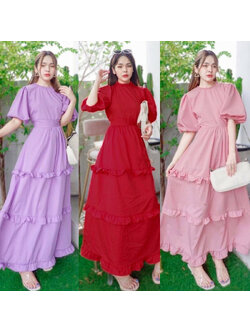 kudapy แม็กซี่เดรสยาว แขนพองผูกคอหลัง มีผูกเอว ผ้าไหมอิตาลี่สีพื้น แต่งระบาย 3 ชั้น